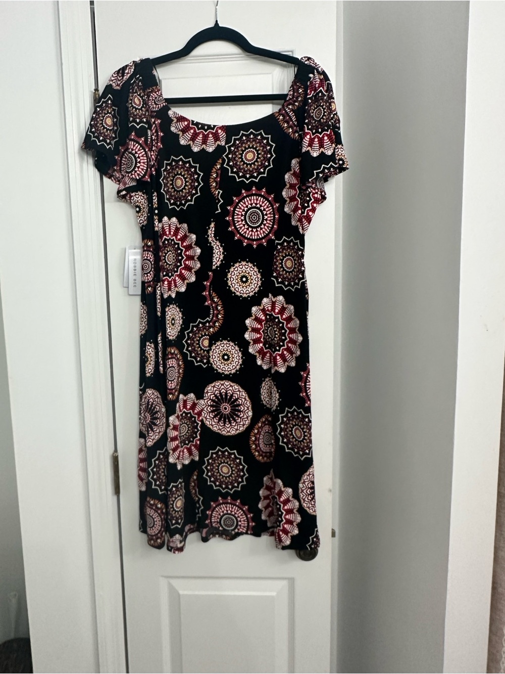 Robbie Bee Black Midi Dress with Red and Cream Medallion Print